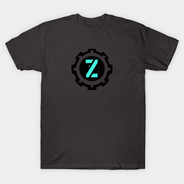 Ice Blue Letter Z in a Black Industrial Cog T-Shirt by MistarCo